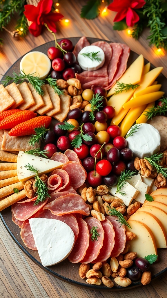A festive Christmas charcuterie board with meats, cheeses, fruits, and nuts, decorated with herbs and holiday lights.